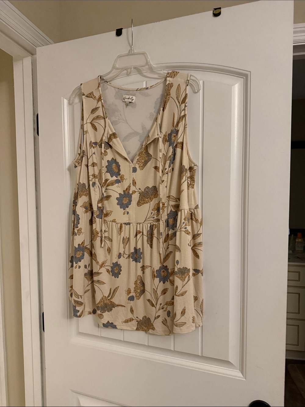 Wonderly Cream Floral Cold-Shoulder V-Neck Tunic with Blue and Tan Flowers